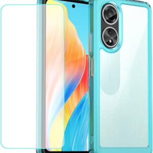 Oppo A58 4G Case – CPH2577, Contains Tempered Glass Display Protector, Clear Onerous PC Again with Anti-Yellowing and Smooth TPU Bumper for Enhanced Safety